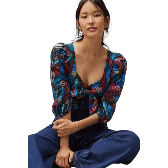 NWT Anthropologie Eva Franco Tropical Sweetheart Blouse 3/4 Puff Sleeves Size 12 - Picture 1 of 8
